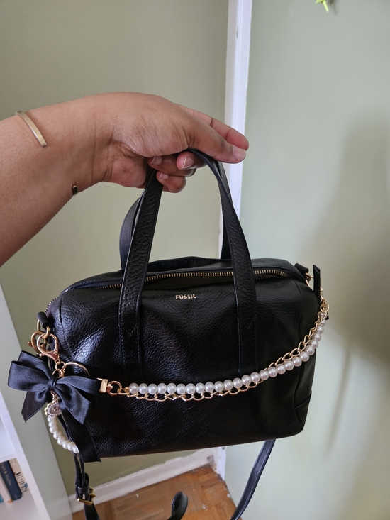 Fossil Handbags - Fossil Black Leather Satchel with Pearl Chain